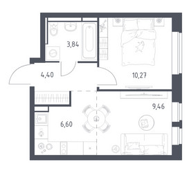 Планировка однокомнатной(квартира) площадью 34.57 квадратных метров в ЖК “ЖК Новое Видное”