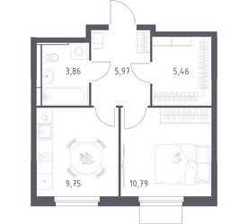 Планировка однокомнатной(квартира) площадью 35.83 квадратных метров в ЖК “ЖК Мытищи Парк”