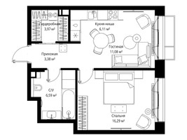 Планировка однокомнатной(квартира) площадью 47.42 квадратных метров в “Архитектурный проект Мыс”