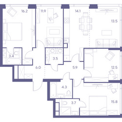 Планировка 4+ комнатной(квартира) площадью 110.8 квадратных метров в ЖК “ЖК Лот от Аквилон”