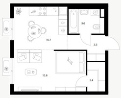 Планировка однокомнатной(квартира) площадью 34 квадратных метров в “ЖК Митинский лес”