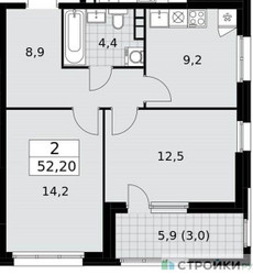 Планировка двухкомнатной(квартира) площадью 52.2 квадратных метров в ЖК “ЖК Дзен-кварталы”