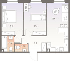 Планировка трехкомнатной(квартира) площадью 58.6 квадратных метров в “ЖК Twelve (Твелв)”