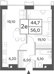 Планировка двухкомнатной(квартира) площадью 56 квадратных метров в ЖК “ЖК Will Towers (Вилл Тауэрс)”