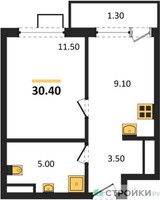 Планировка однокомнатной(квартира) площадью 30.4 квадратных метров в “ЖК Южные сады”