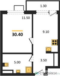 Планировка однокомнатной(квартира) площадью 30.4 квадратных метров в ЖК “ЖК Южные сады”