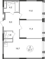 Планировка двухкомнатной(квартира) площадью 57.7 квадратных метров в “ЖК Первый Московский”
