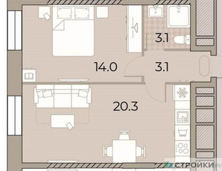 Планировка однокомнатной(квартира) площадью 40.5 квадратных метров в ЖК “ЖК ЗИЛАРТ”