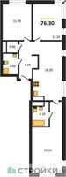 Планировка трехкомнатной(квартира) площадью 76.3 квадратных метров в “ЖК Детали”