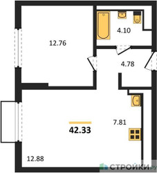 Планировка однокомнатной(квартира) площадью 42.33 квадратных метров в ЖК “ЖК Пригород Лесное”