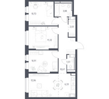 Планировка трехкомнатной(квартира) площадью 69.5 квадратных метров в “ЖК Большое Путилково”