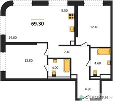 Планировка двухкомнатной(квартира) площадью 69.3 квадратных метров в “ЖК STONE Sokolniki (Сокольники)”