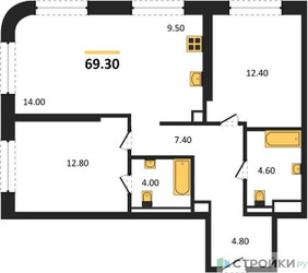 Планировка двухкомнатной(квартира) площадью 69.3 квадратных метров в ЖК “ЖК STONE Sokolniki (Сокольники)”