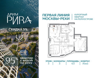 Планировка трехкомнатной(квартира) площадью 63 квадратных метров в ЖК “ЖК Дрим Рива”