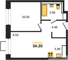 Планировка однокомнатной(квартира) площадью 34.2 квадратных метров в “ЖК Мытищи Парк”