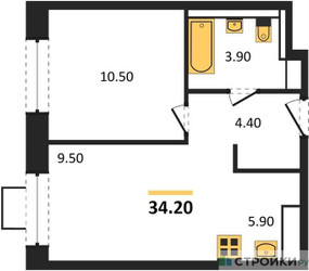 Планировка однокомнатной(квартира) площадью 34.2 квадратных метров в ЖК “ЖК Мытищи Парк”