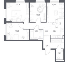 Планировка трехкомнатной(квартира) площадью 74.45 квадратных метров в “ЖК Квартал Строгино”
