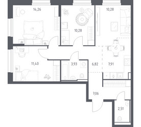 Планировка трехкомнатной(квартира) площадью 74.45 квадратных метров в ЖК “ЖК Квартал Строгино”