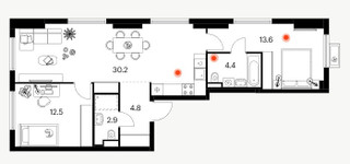 Планировка двухкомнатной(квартира) площадью 69.4 квадратных метров в “ЖК Белая Дача парк”