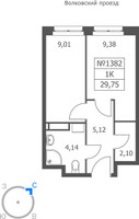 Планировка однокомнатной(апартаменты) площадью 29.75 квадратных метров в “ЖК Волковская 67”