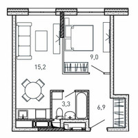 Планировка однокомнатной(квартира) площадью 34.4 квадратных метров в “ЖК Квартал Светлый”