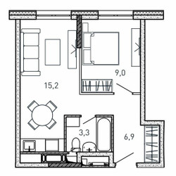 Планировка однокомнатной(квартира) площадью 34.4 квадратных метров в ЖК “ЖК Квартал Светлый”