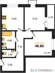 Планировка двухкомнатной(квартира) площадью 48.8 квадратных метров в ЖК “ЖК Прокшино”