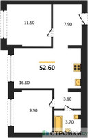 Планировка двухкомнатной(квартира) площадью 52.6 квадратных метров в “ЖК Первый квартал”