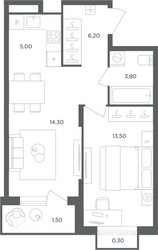 Планировка однокомнатной(квартира) площадью 42.9 квадратных метров в ЖК “ЖК Равновесие”