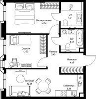 Планировка двухкомнатной(квартира) площадью 62 квадратных метров в “Дом премиум-класса МИРА”