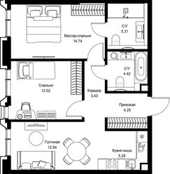 Планировка двухкомнатной(квартира) площадью 62 квадратных метров в ЖК “Дом премиум-класса МИРА”