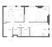 Планировка двухкомнатной(квартира) площадью 53.81 квадратных метров в “ЖК Пригород Лесное”