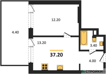 Планировка однокомнатной(квартира) площадью 37.2 квадратных метров в ЖК “ЖК Portland (Портланд)”