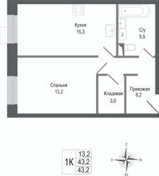 Планировка однокомнатной(квартира) площадью 43.2 квадратных метров в ЖК “ЖК КИНОКВАРТАЛ”