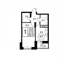 Планировка однокомнатной(квартира) площадью 38.2 квадратных метров в “ЖК Космос”