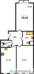 Планировка двухкомнатной(квартира) площадью 59.64 квадратных метров в ЖК “ЖК Движение. Говорово”