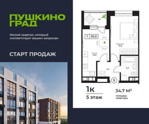 Планировка однокомнатной(квартира) площадью 34.7 квадратных метров в ЖК “ЖК Пушкино Град”