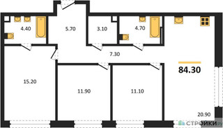 Планировка трехкомнатной(квартира) площадью 84.3 квадратных метров в “ЖК Shagal (Шагал)”