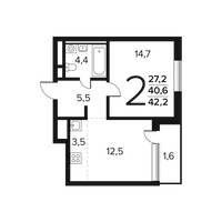 Планировка двухкомнатной(квартира) площадью 42.2 квадратных метров в “Новые Ватутинки. Заречный”