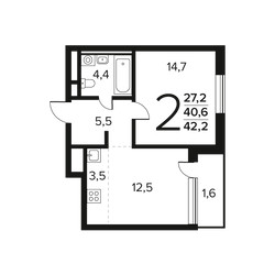 Планировка двухкомнатной(квартира) площадью 42.2 квадратных метров в ЖК “Новые Ватутинки. Заречный”