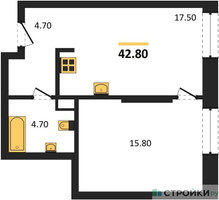 Планировка однокомнатной(квартира) площадью 42.8 квадратных метров в “ЖК STONE Rise (Райз)”