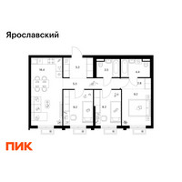 Планировка трехкомнатной(квартира) площадью 66.2 квадратных метров в “ЖК Ярославский”