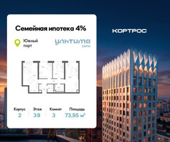 Планировка трехкомнатной(квартира) площадью 73.95 квадратных метров в “ЖК УЛЬТИМА Сити”