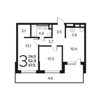 Планировка трехкомнатной(квартира) площадью 57.5 квадратных метров в “Новые Ватутинки. Заречный”