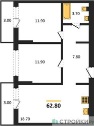 Планировка двухкомнатной(квартира) площадью 62.8 квадратных метров в ЖК “ЖК Первый квартал”
