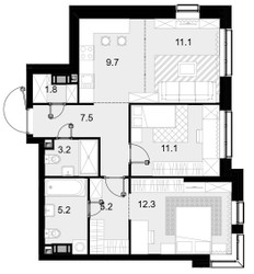 Планировка двухкомнатной(квартира) площадью 67.1 квадратных метров в ЖК “ЖК Crystal Трилогия (Кристал)”