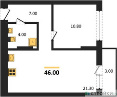 Планировка однокомнатной(квартира) площадью 46 квадратных метров в “ЖК Первый квартал”