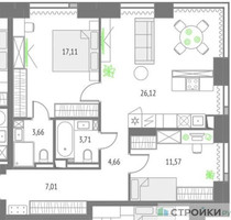 Планировка двухкомнатной(квартира) площадью 73.84 квадратных метров в “ЖК Upside Towers (Апсайд Тауэрс)”