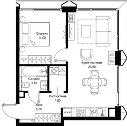 Планировка однокомнатной(квартира) площадью 44.4 квадратных метров в ЖК “Мультиквартал СИТИДЗЕН”