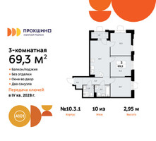 Планировка трехкомнатной(квартира) площадью 69.3 квадратных метров в “ЖК Прокшино”